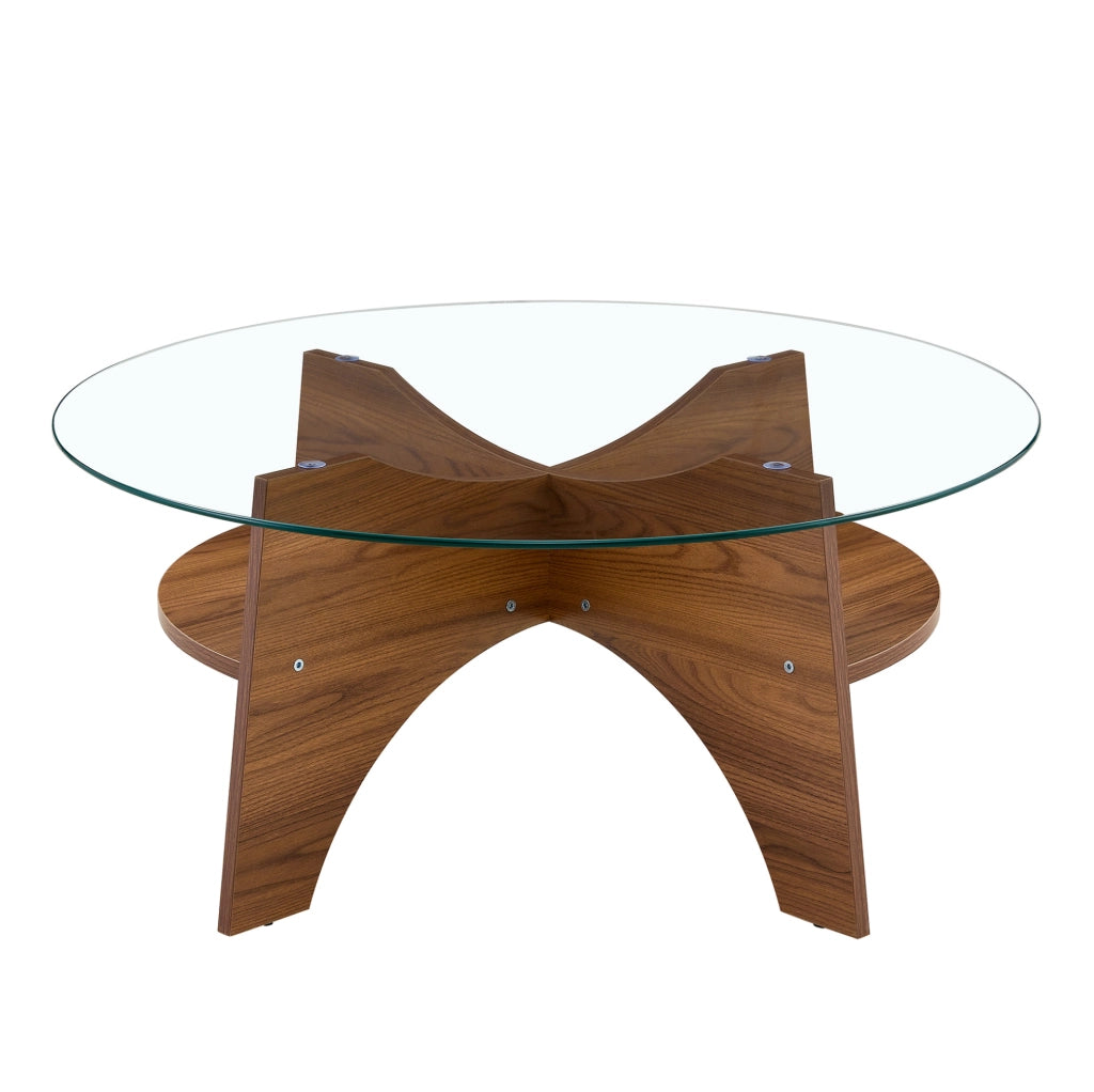 Tavolino rotondo ? 80 x 36 cm in vetro temperato con struttura a ventaglio in MDF; naturale
