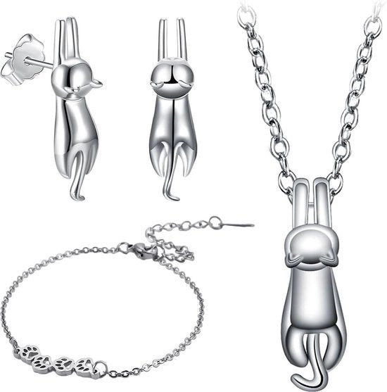 Set di accessori per gatto comprensivo di pendente per gatto, collare per gatto e orecchini per gatto - Collare per donna - Pendente per gatto carino - Ballo di fine anno - Vita lavoro-movimento - Festa - Metallo Argento.