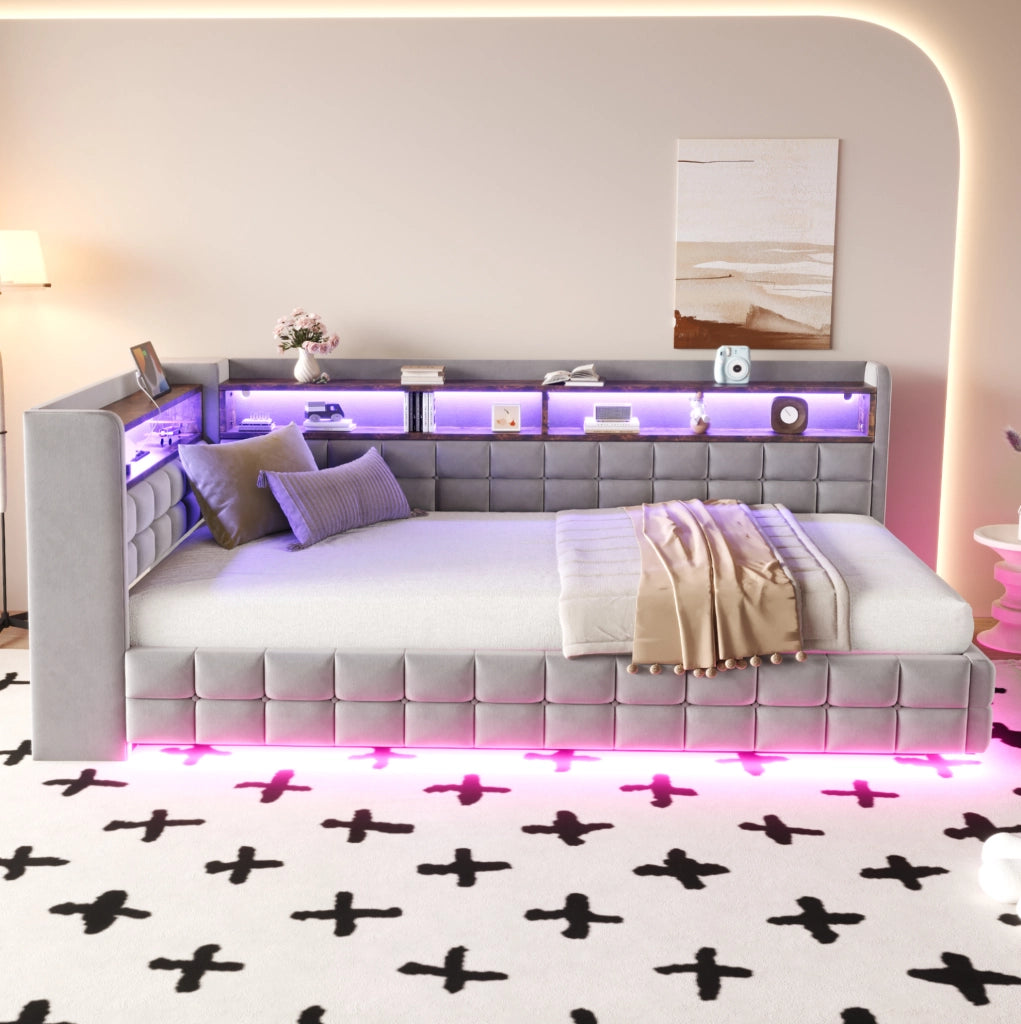 Letto imbottito multifunzionale 90x200 cm con vano contenitore, LED e prese integrate
