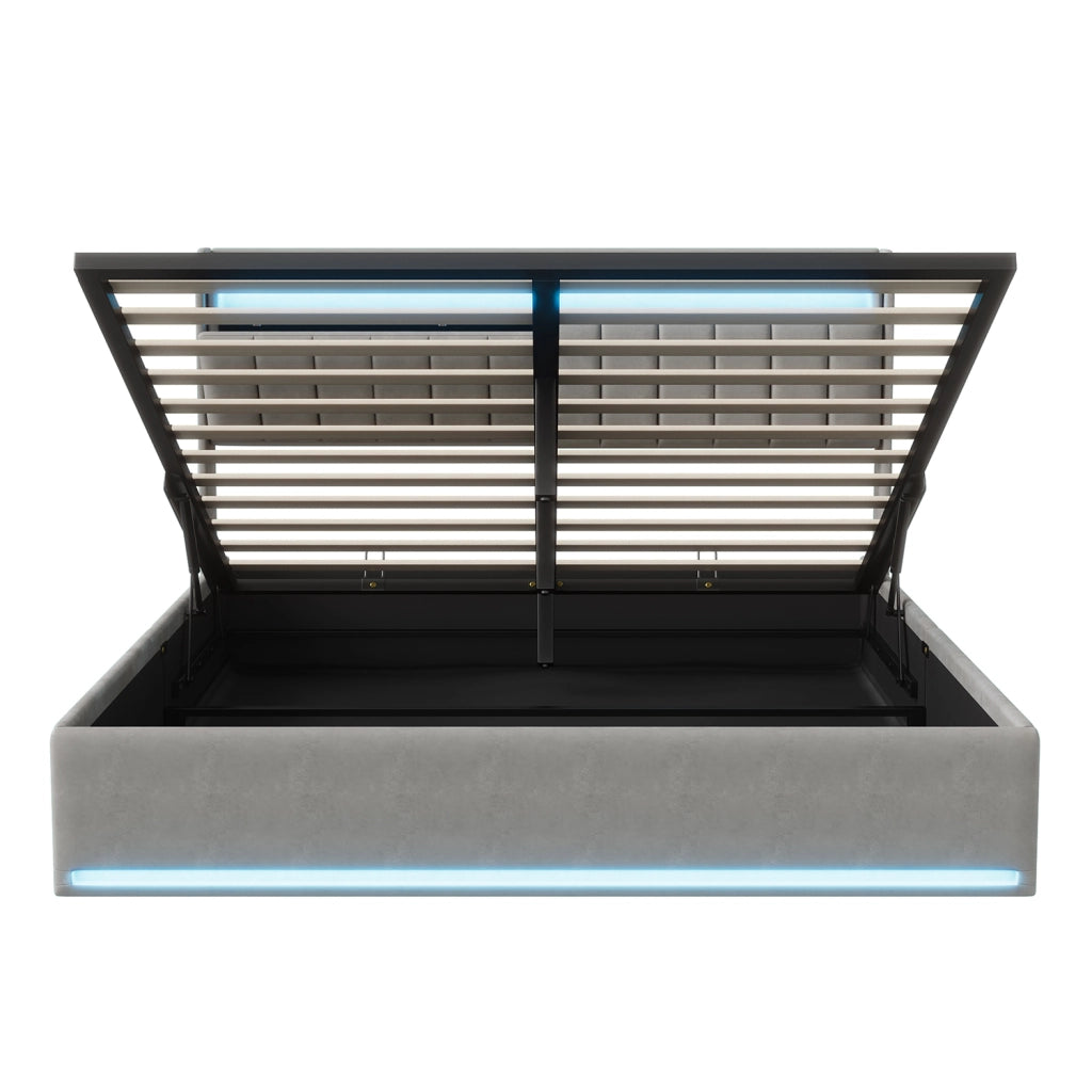 Letto matrimoniale con contenitore idraulico 160x200 cm, velluto grigio, testiera con vani, LED RGB, porte USB‑C e USB
