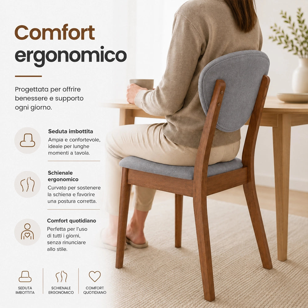 Set 2 Sedie da Pranzo in Legno Scuro Rivestimento in Tessuto Grigio 52x47x84 cm
