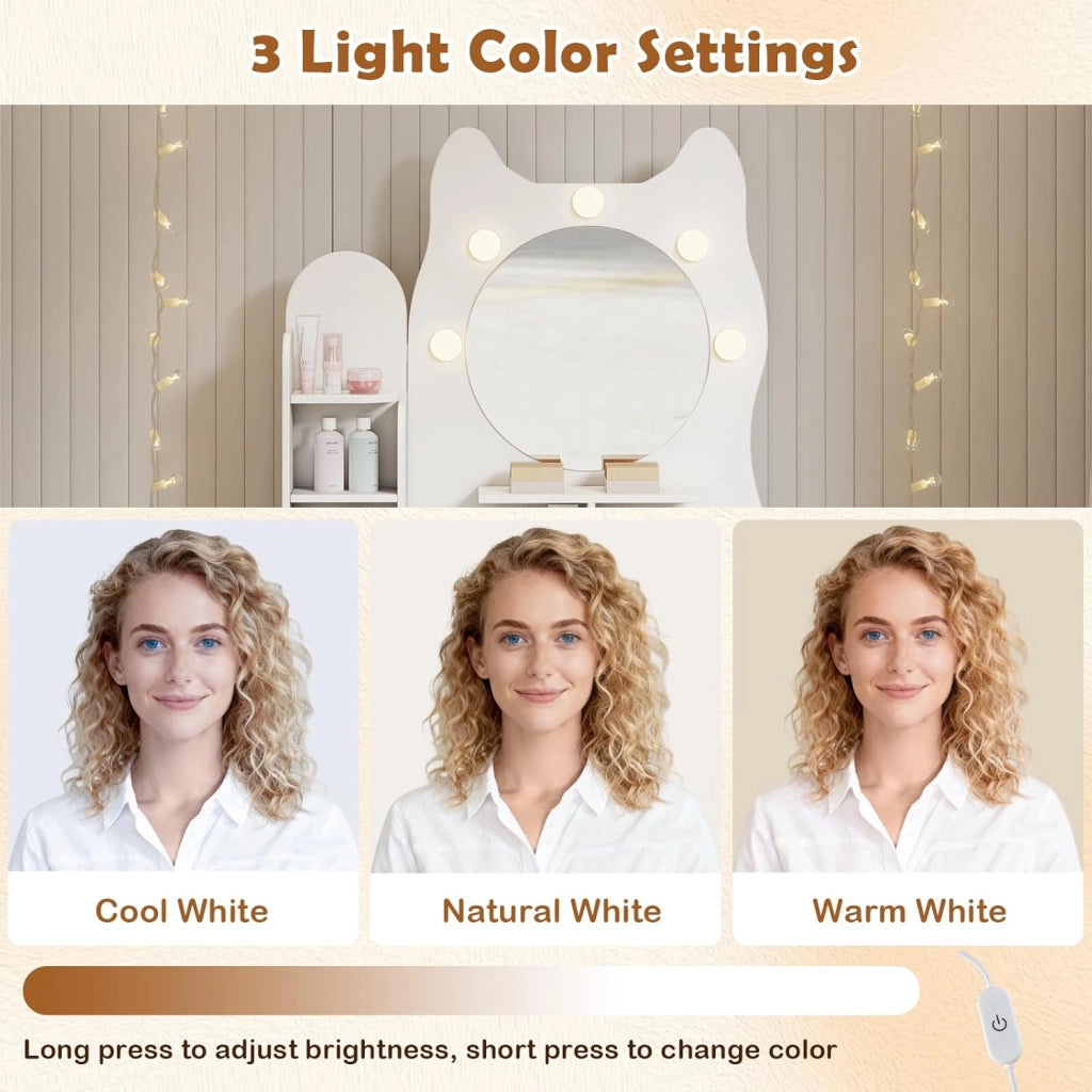 Toeletta con specchio, tavolo da trucco con luce LED a 3 colori, ripiani aperti, 2 cassetti e stazione di ricarica, a forma di gatto, 80 x 50 x 150 cm, toeletta compatta per camera da letto