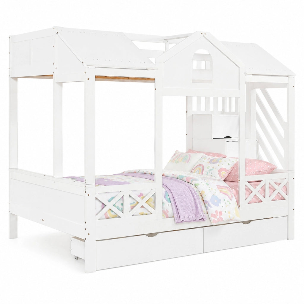 Letto a castello per bambini con 2 cassetti su ruote, scala con 4 vani, finestre e tetto, bianco, 90x200 cm e 140x200 cm