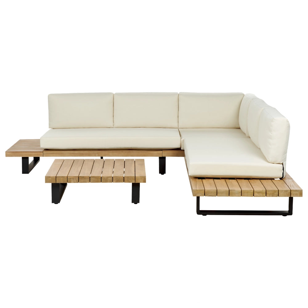 Divano ad Angolo Set da Giardino Bianco Crema e Legno Chiaro Seduta Bassa a 5 Posti con Tavolino
