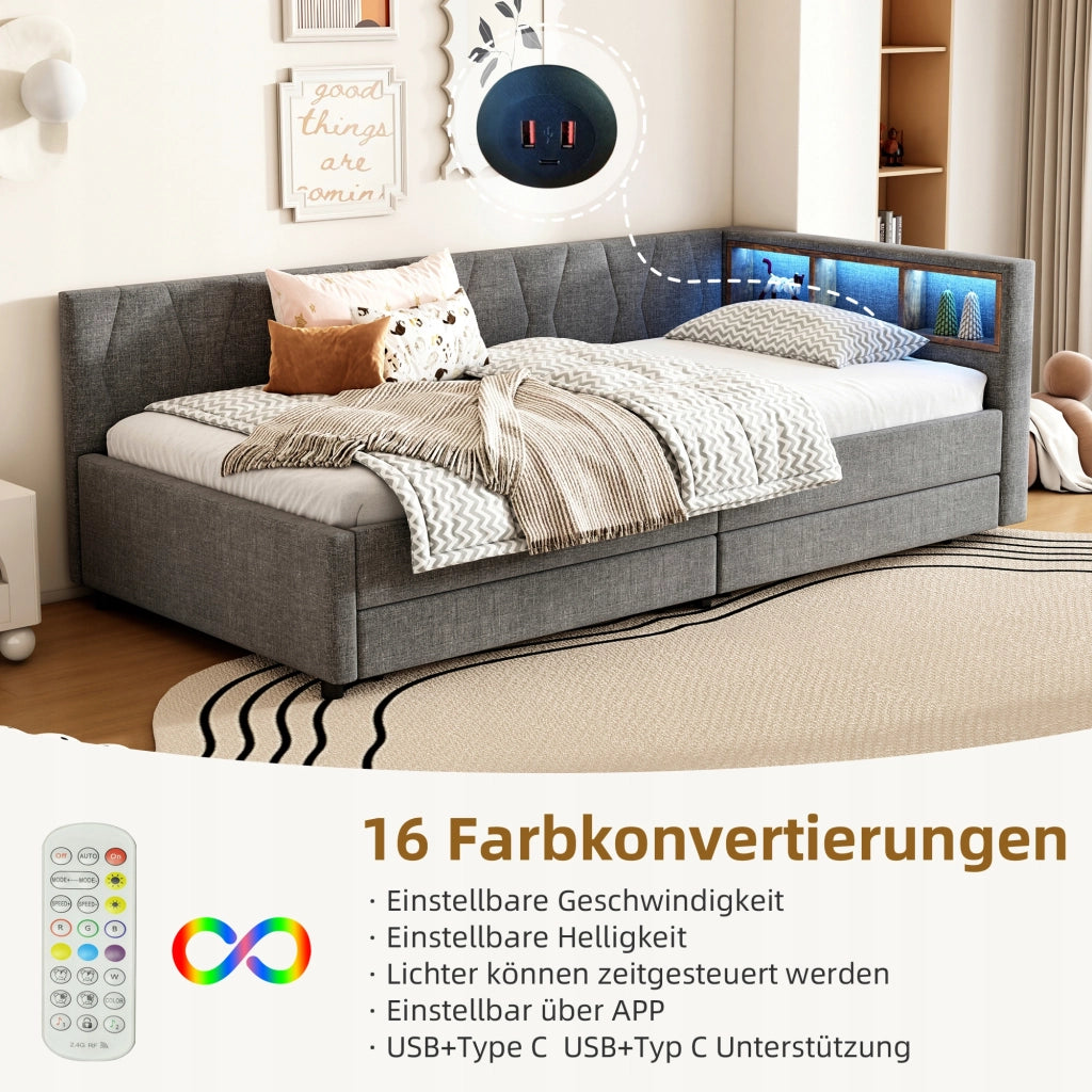 Letto singolo 90x200 - Xylo - Grigio con USB-C e LED