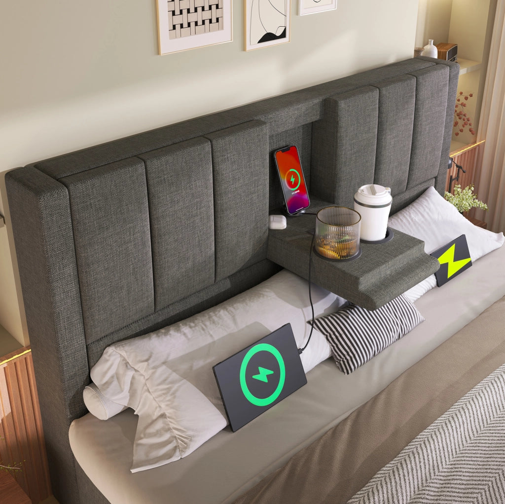 Letto imbottito 140x190 cm grigio con vano idraulico, USB-C e portabicchieri