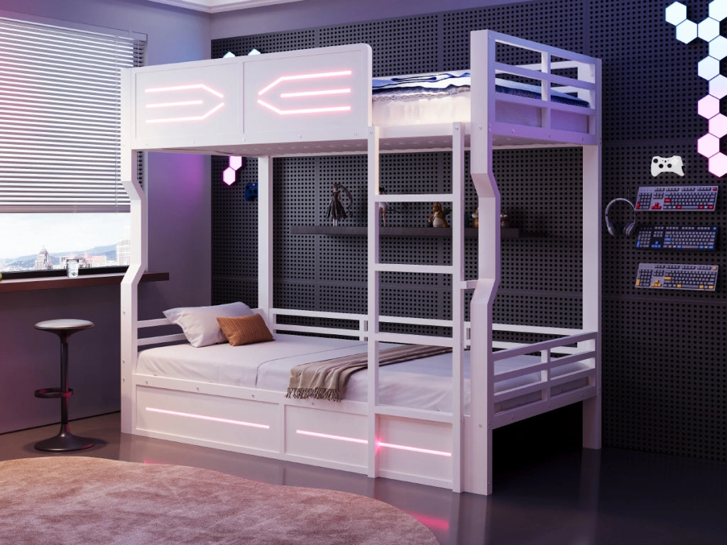 Letto a castello 90 × 200 cm con illuminazione LED, sponde di sicurezza, senza materasso, bianco
