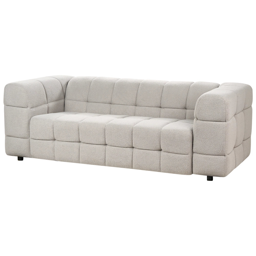Divano imbottito a 3 posti in tessuto poliestere boucle con gambe nere braccioli grigio chiaro stile moderno elegante