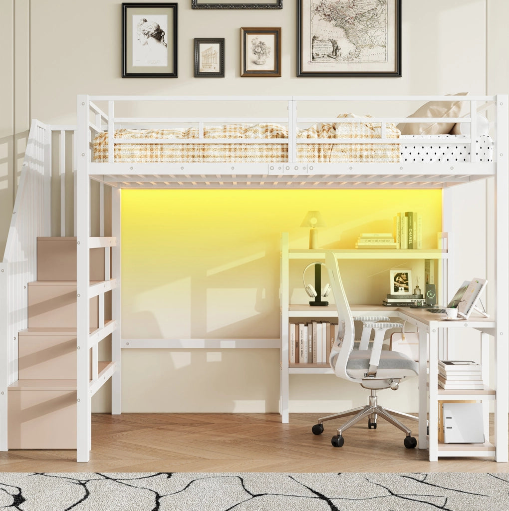 Letto a soppalco in metallo 140x200 cm con scala; scrivania integrata; ripiani e LED; bianco