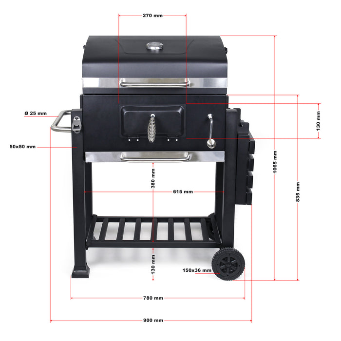 Barbecue a carbone carrellato con coperchio termometro altezza carbone regolabile BBQ a carrello