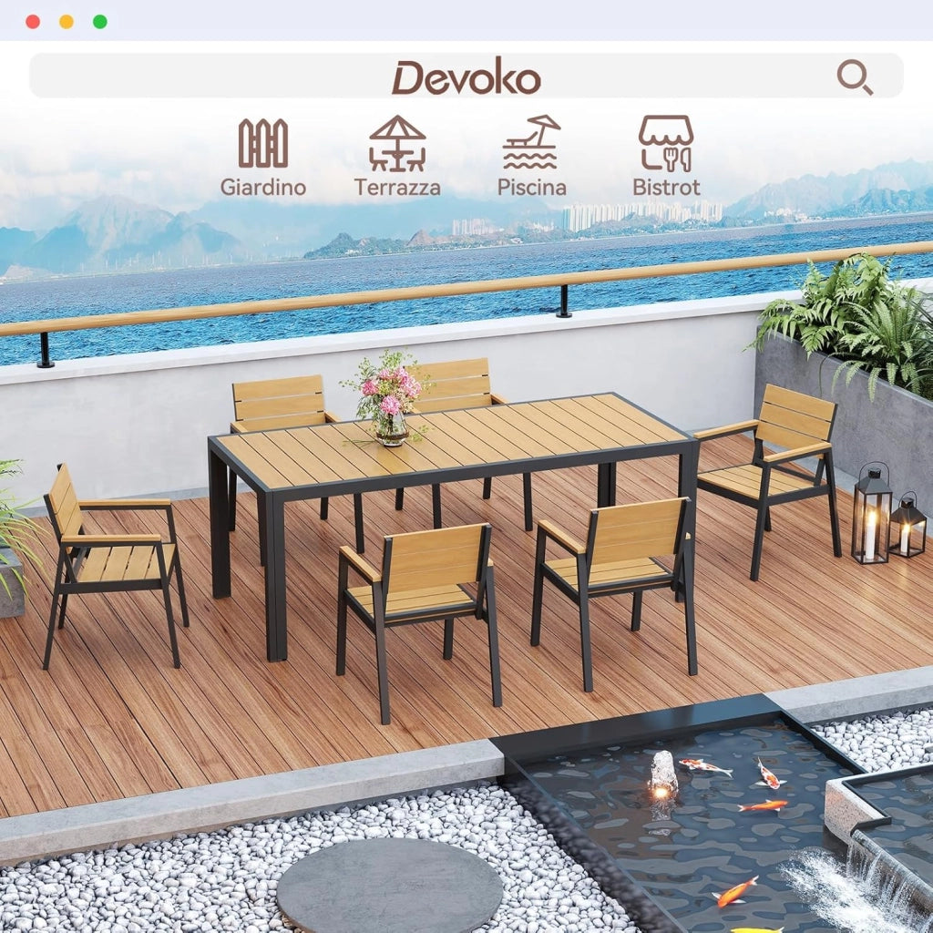 HDPS Set Tavolo e Sedie da Giardino 7 Pezzi Resistente alle Intemperie, Completo di Tavolo 189 cm e 6 Sedie da Esterno in Alluminio, Finitura a Vena di Legno e Facile da Manutenzionare,Naturale