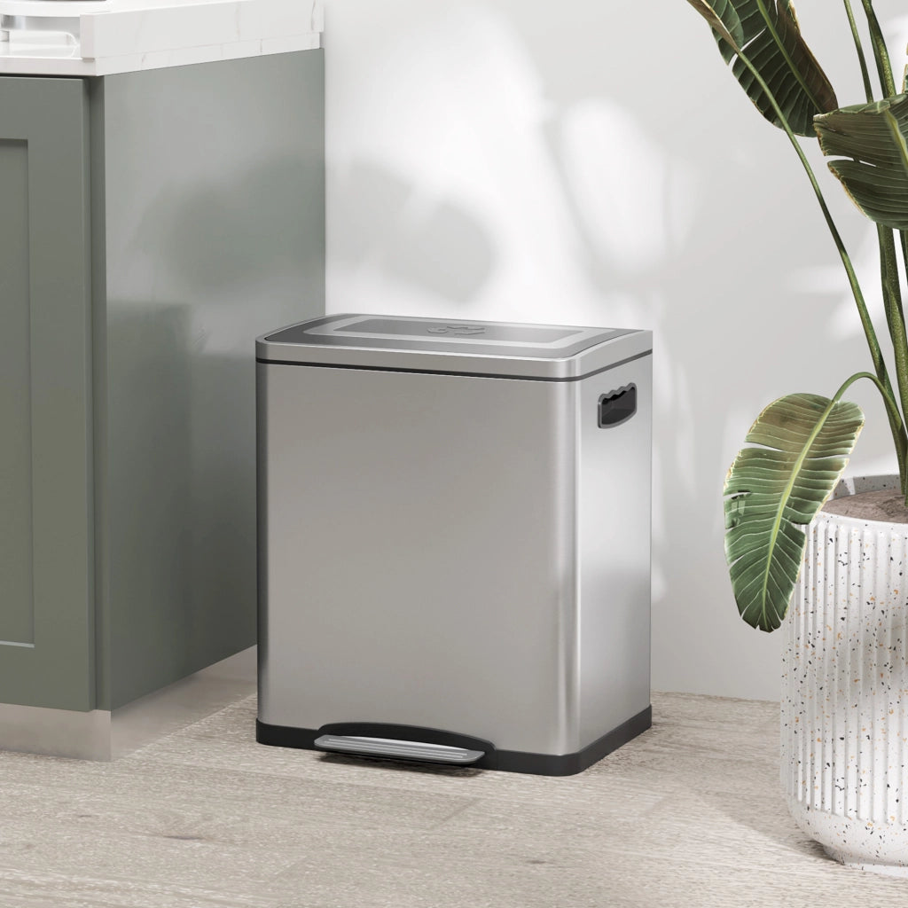 Bidone Immondizia a 2 Sezioni da 15L a Pedale con Coperchio Silenzioso, in Acciaio Inox e PP, 40x34.8x47.5 cm
