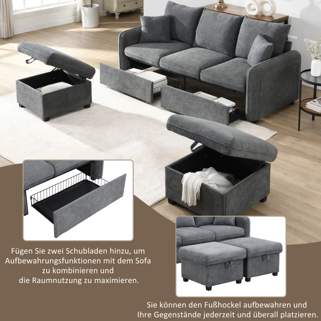 DIVANO ANGOLARE U-Forma 188x186x86 cm Grigio Scuro Set con 2 pouf