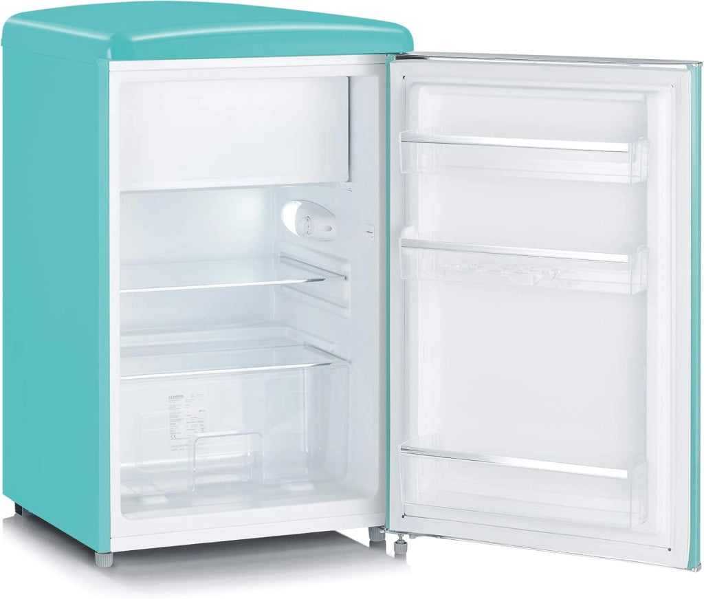 Severin rks 8834 mini frigorifero retrò 108l, frigorifero piccolo e silenzioso con diversi scomparti, congelatore 13l e portabottiglie, 37 db, classe energetica d, turchese