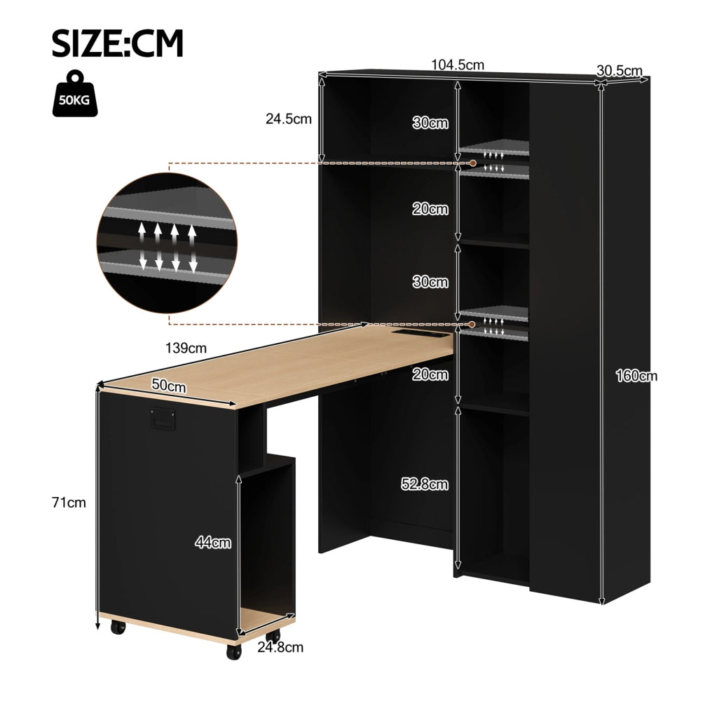 Scrivania pieghevole con libreria 104;5x30;5x160 cm in MDF nero e rovere; con presa EU e USB