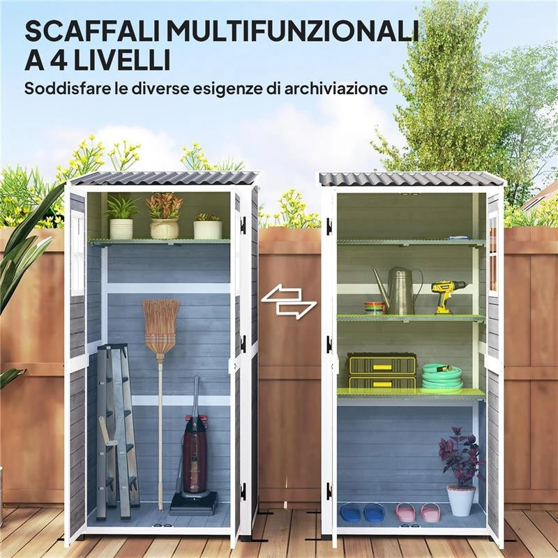 CASETTA DA GIARDINO IN LEGNO CON RIPIANI REGOLABILI DUE PORTE CON BLOCCO E FINESTRE 91X69X185/192 CM GRIGIO