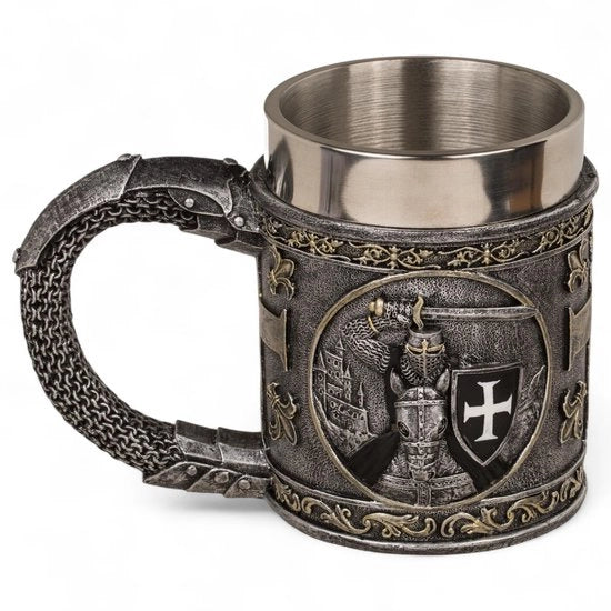 Tazza da bere con inserto in acciaio inossidabile - Resina - Decorazione medievale - Rilievi - Accessori da tavola - Facile da pulire e mantenere.