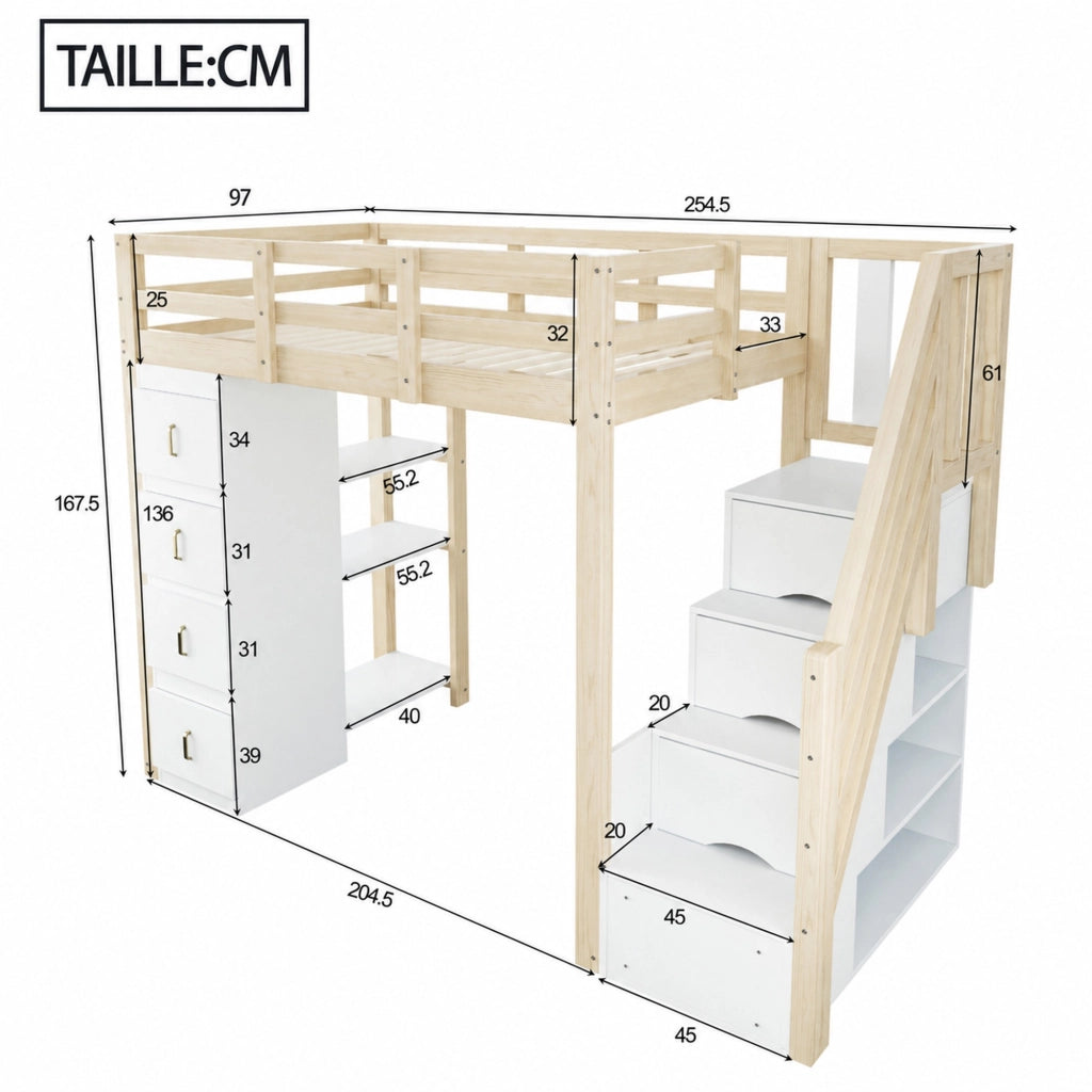 Letto a soppalco 90 × 200 cm con 4 cassetti, scaffale a 3 ripiani e scala con vano, senza materasso, in legno naturale