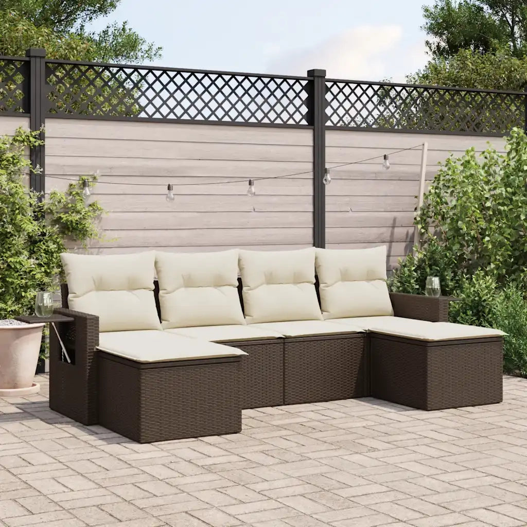 Set Divano da Giardino 6 pz | Set Salotto da Giardino con Cuscini Marrone in Polyrattan