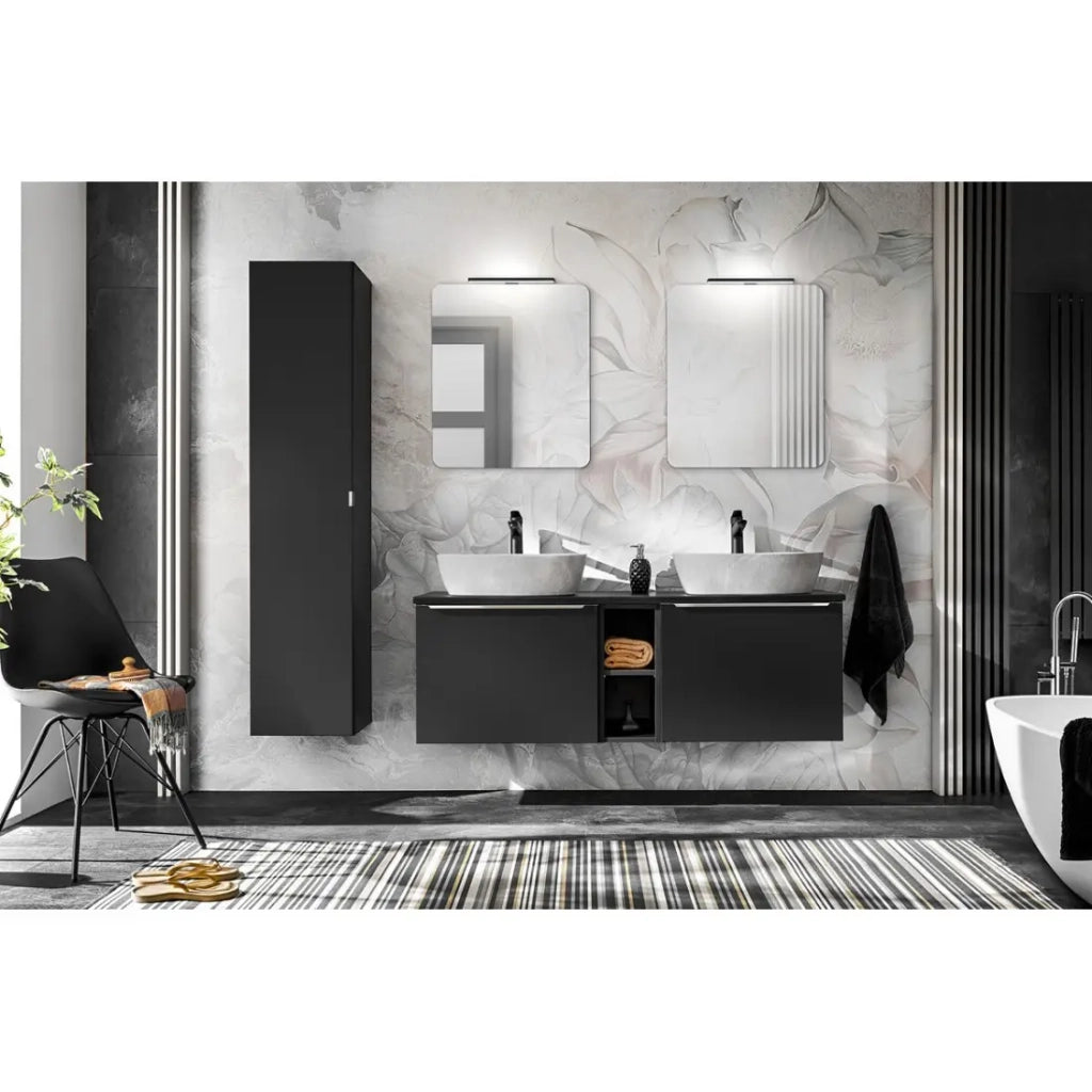 Set VANTA: mobile sottolavabo 140cm + piano per lavabo + 2 lavabi da appoggio + 1 colonna di stoccaggio + 2 specchi + 2 LED