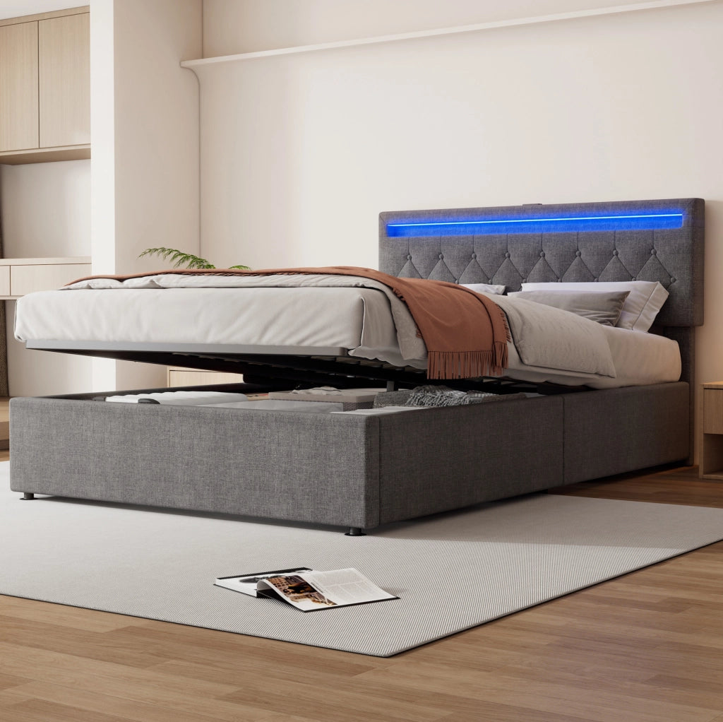Letto imbottito 140x200 con contenitore, LED e porte USB-C