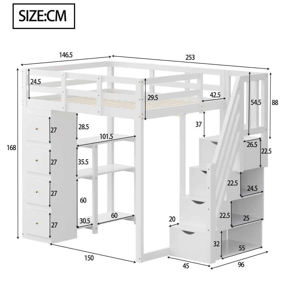 Letto a soppalco 140x200 cm bianco con scala e cassetti