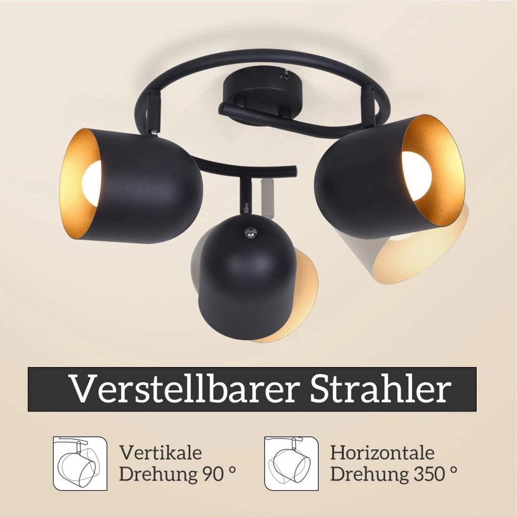 ZMH Faretto da soffitto 3 fiamme nero oro E14 lampada da soffitto girevole 350° soggiorno