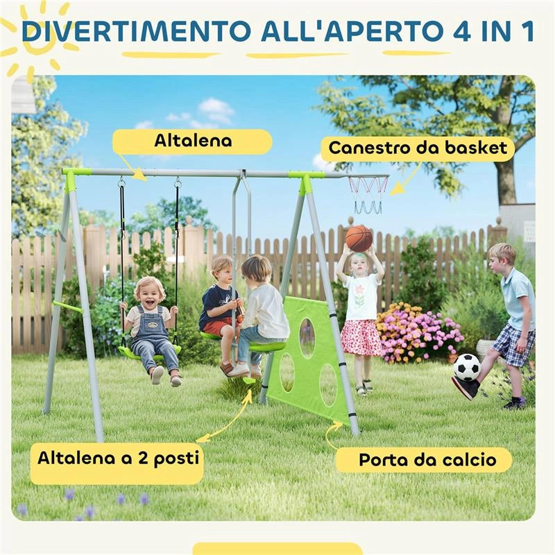 GIOCO PER BAMBINI 4 IN 1 CON 2 ALTALENE DA GIARDINO CANESTRO E PORTA DA CALCIO 215X180X182 CM VERDE E GRIGIO