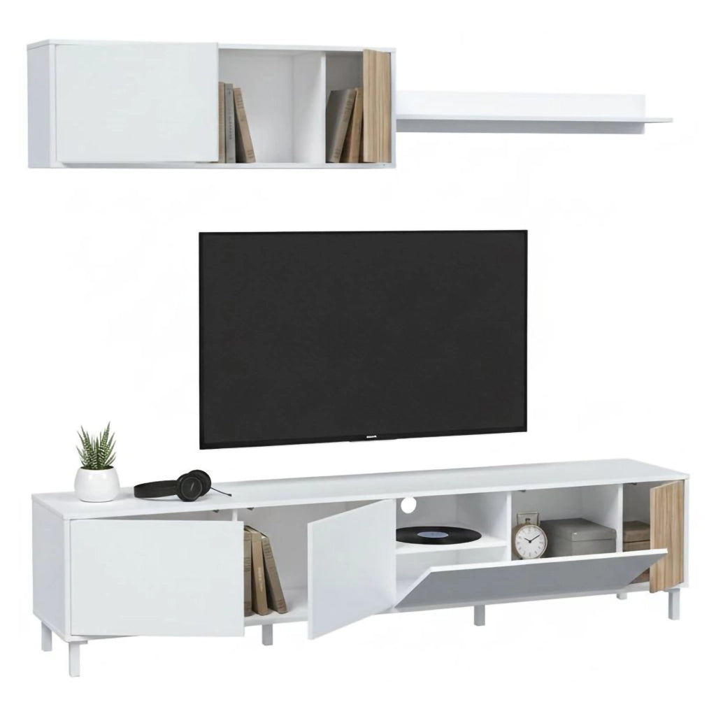 Mobile porta TV Banari, Armadietto soggiorno con ante, Armadio pensile con mensola, Credenza multiuso, 200x40h47 cm, Bianco e Rovere
