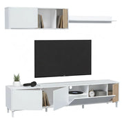 Mobile porta TV Banari, Armadietto soggiorno con ante, Armadio pensile con mensola, Credenza multiuso, 200x40h47 cm, Bianco e Rovere