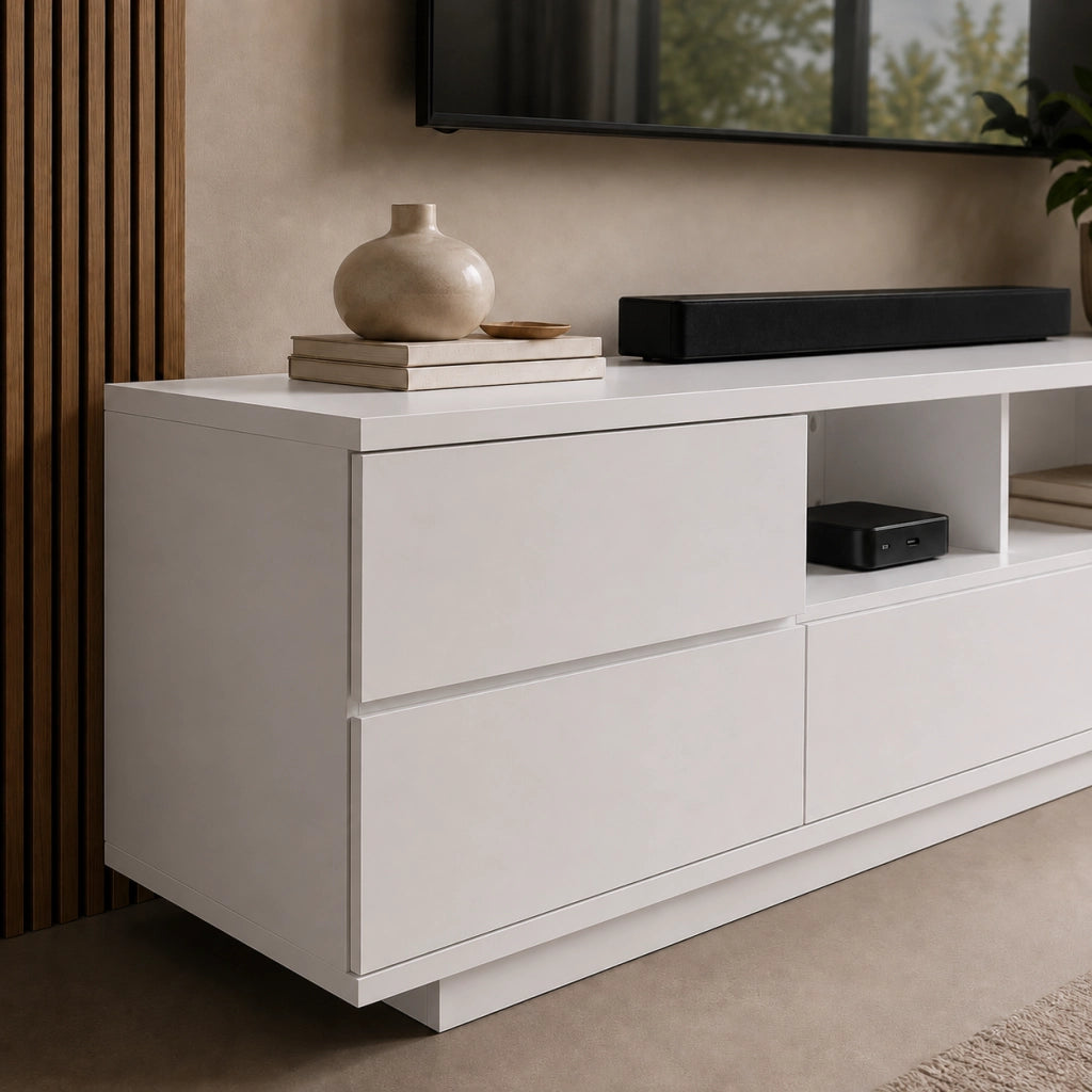 Mobile Porta TV Bianco Con 4 Ante 1 Anta A Ribalta 2 Vani A Giorno Con Passacavi Design Moderno In MDF Mobile Per Soggiorno Salotto Zona Living 180 x 38 x 46 Cm