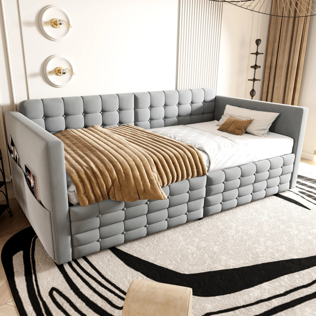 Letto imbottito singolo 90x190 cm in velluto grigio chiaro con 2 cassetti e tasche laterali
