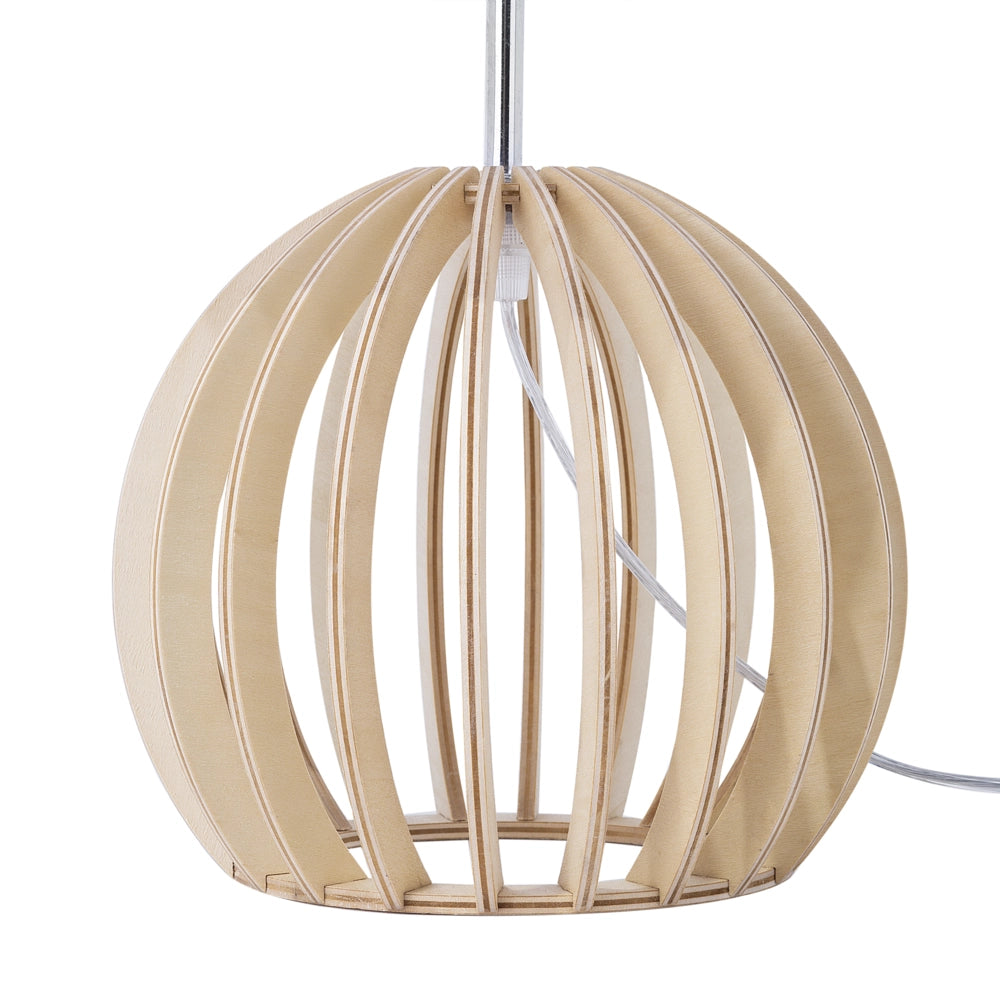 Lampada da Tavolo Rotonda Base in Legno Chiaro Paralume in Tessuto Bianco Moderna