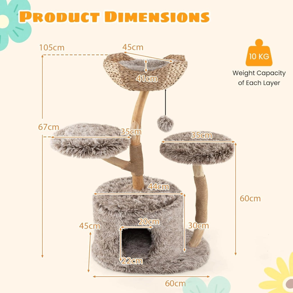 Tiragraffi per Gatti in Legno, 105 cm con 2 Posatoi e 1 Cuccia Grotta in Peluche, 1 Cesto di Vimini, 1 Pompon, Corda in Juta e Tronchi Naturali, Alberi per Gatti Stabile, Marrone