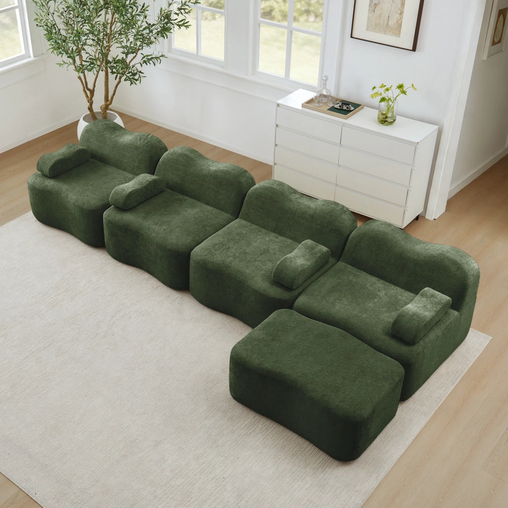 Divano angolare modulare 4 posti senza struttura con pouf, forma ondulata, per soggiorno e appartamento, in velluto verde