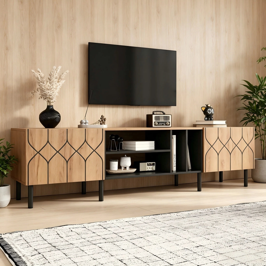 Mobile porta tv con 2 ante e 4 vani aperti, push-to-open, in MDF e truciolare, per salotto, nero naturale, 180 × 40 × 50 cm