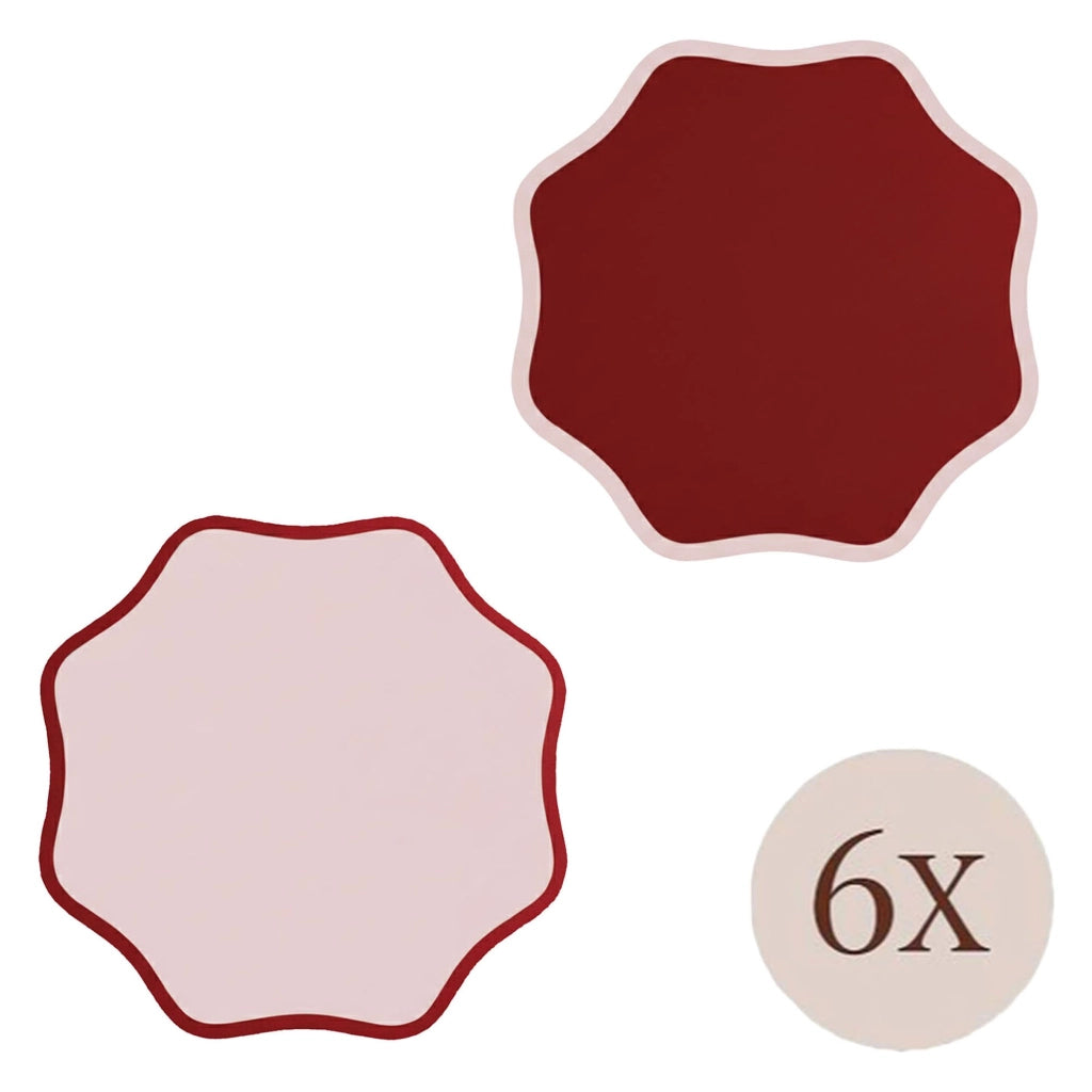Hati, Tovaglietta Americana set da 6, Bordo Ondulato, Coppia Bicolore Made in Italy, 40x40 cm Rosso