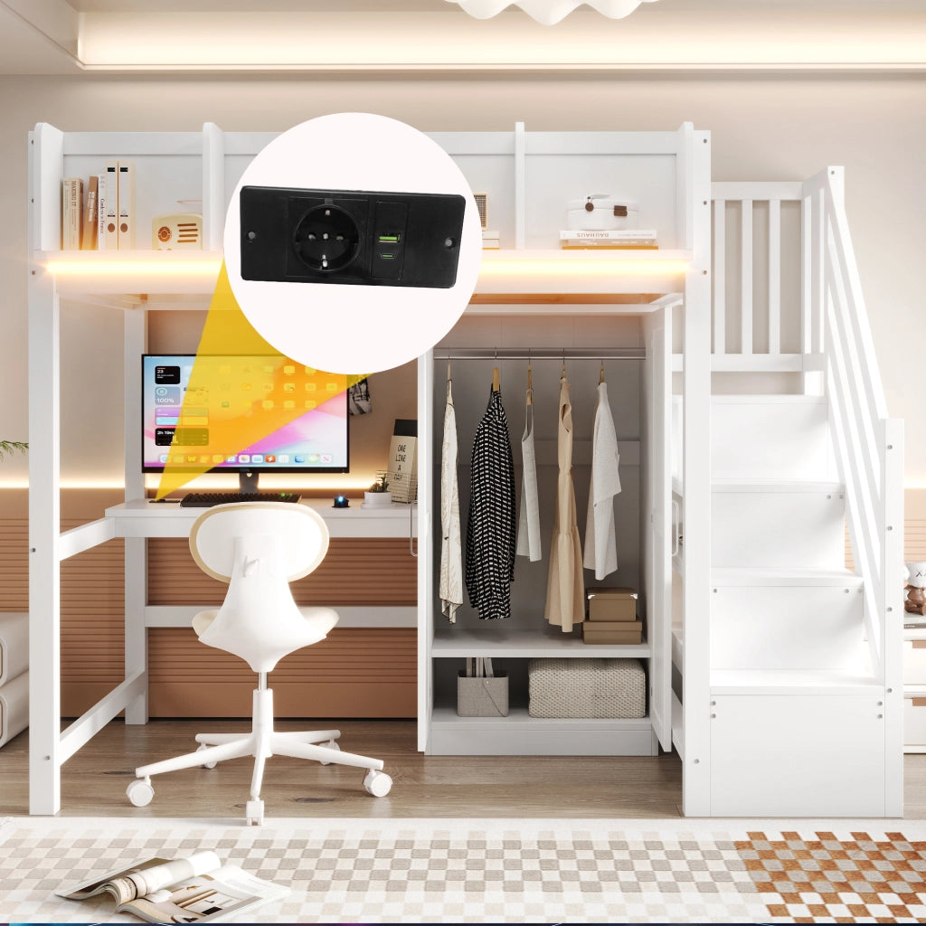 LETTO a soppalco 90x200 cm Bianco in legno con scrivania, armadio, LED e prese