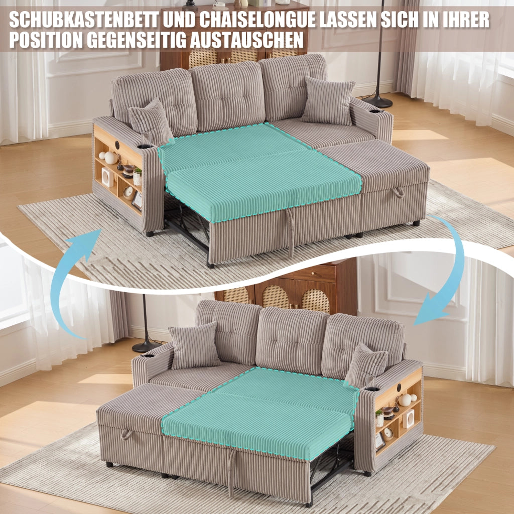 Divano letto con contenitore estraibile con USB-C e LED in velluto a coste grigio chiaro 196 × 82 × 85 cm