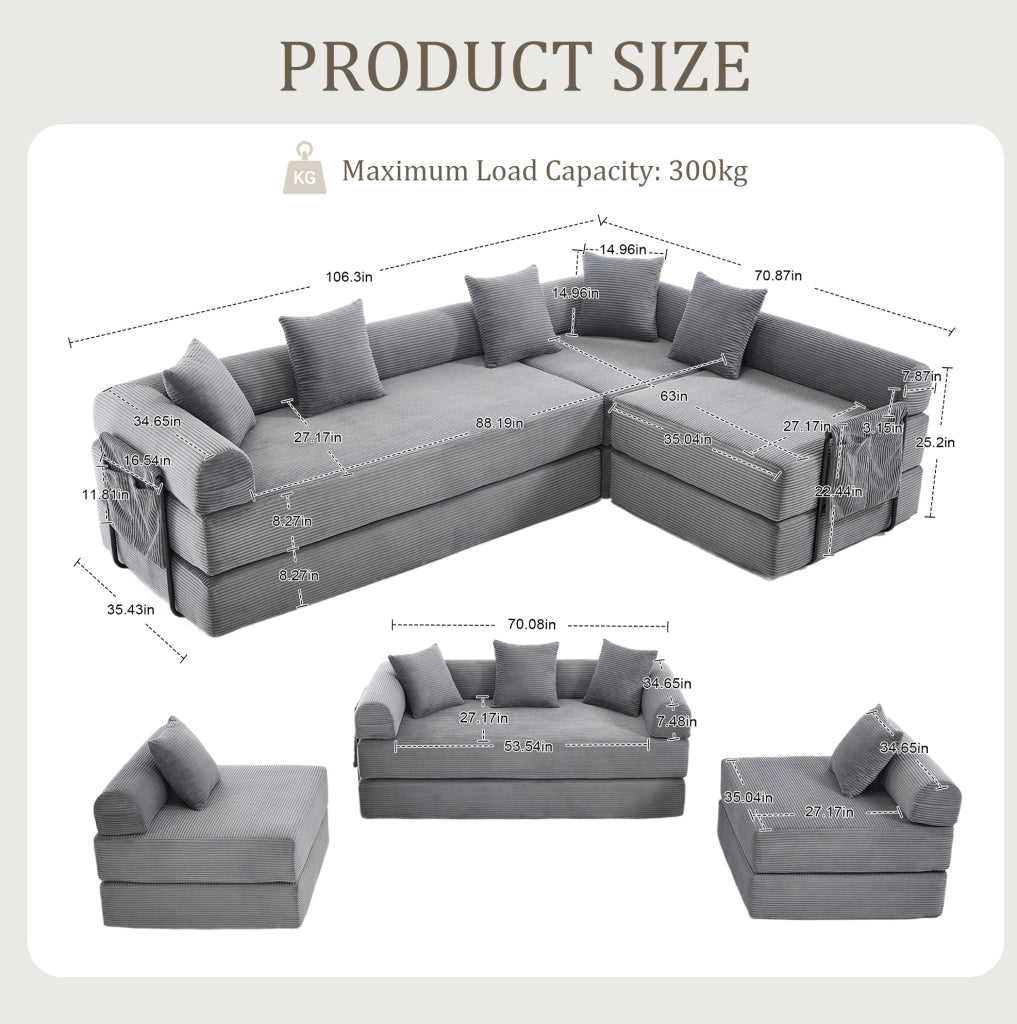 Divano modulare grigio scuro con contenitore, 270x180x64 cm, tessuto in cotone a coste