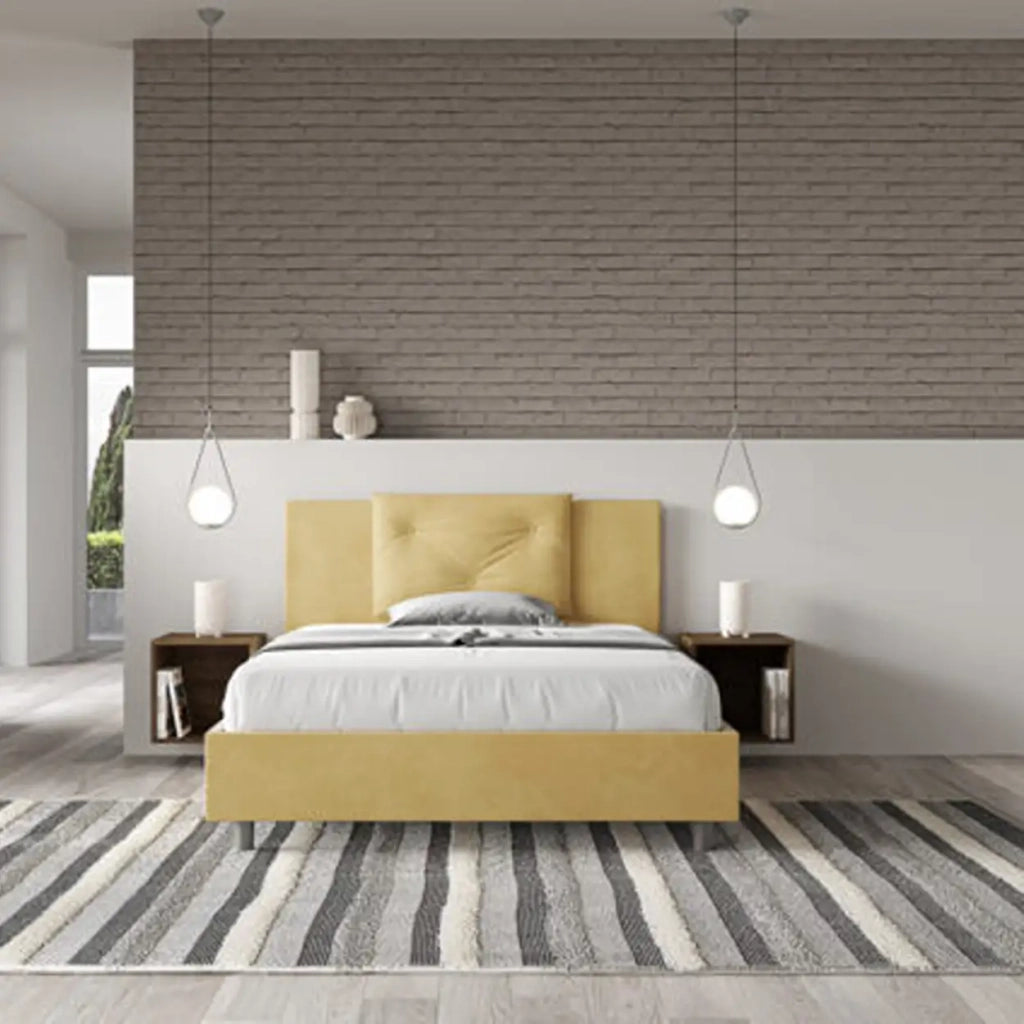 Letto matrimoniale francese contenitore imbottito 140x210 microfibra ocra Appia