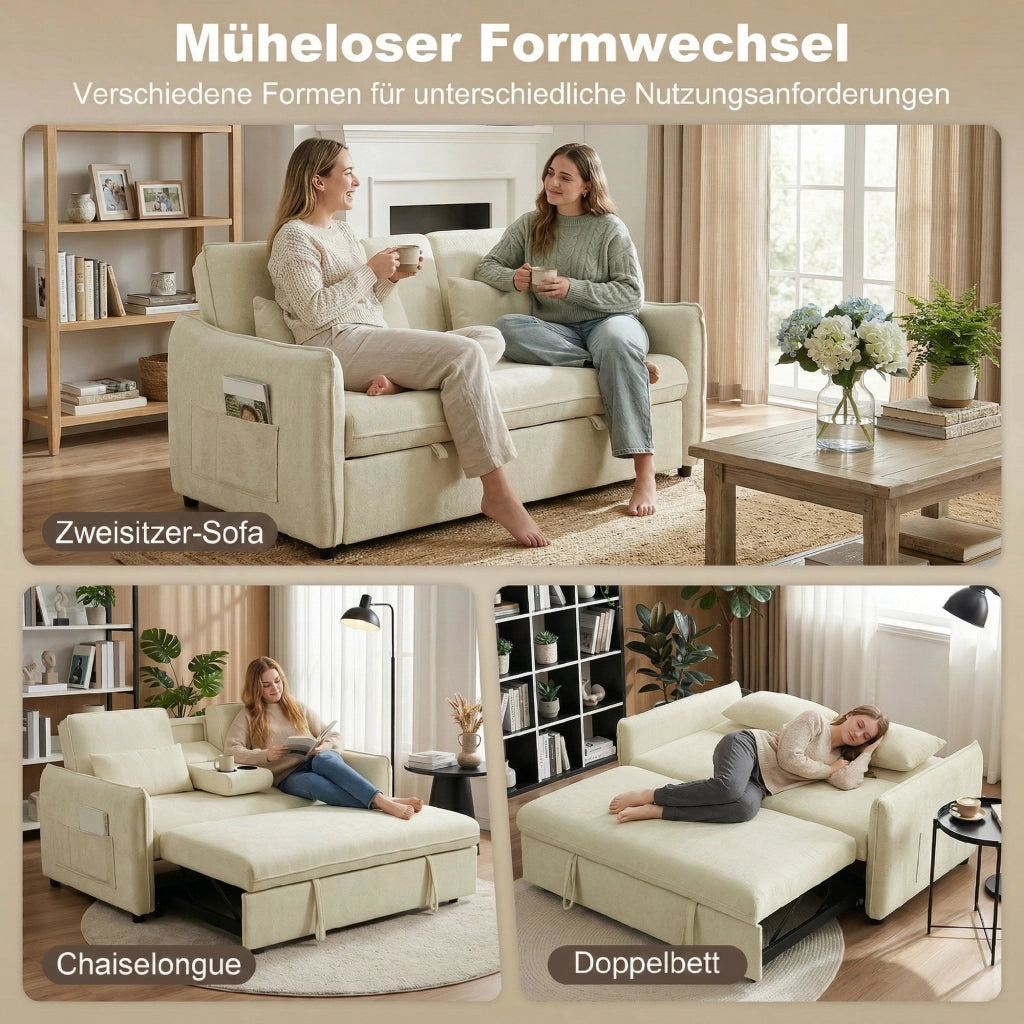 Divano letto 2 posti regolabile con braccioli, portaoggetti e tasche laterali ¨C zephmum ¨C Beige