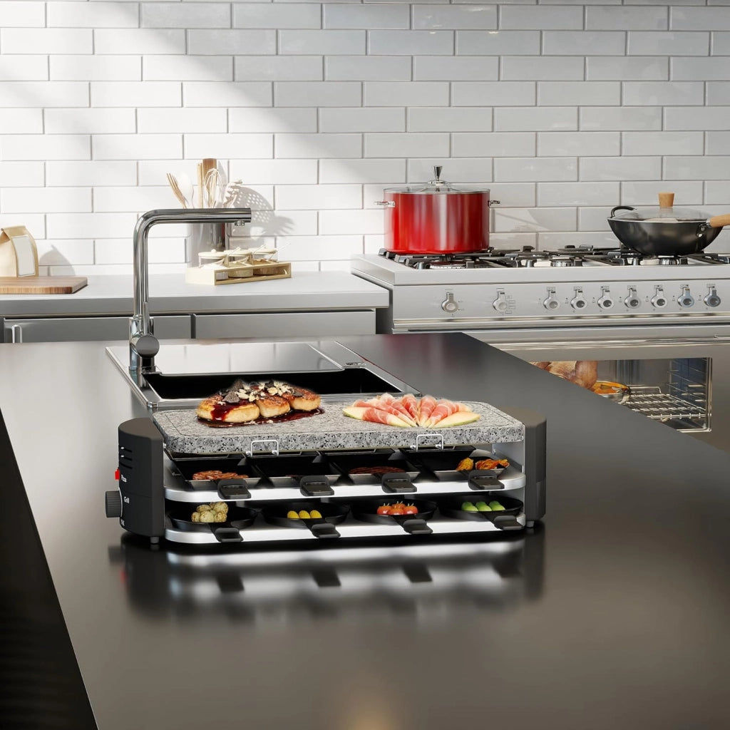 Raclette - Griglia per raclette per 8 persone, 1600 W, con 14 padelle, piastra in granito e piastra antiaderente, griglia elettrica da tavolo, per feste, griglia elettrica, regolazione della