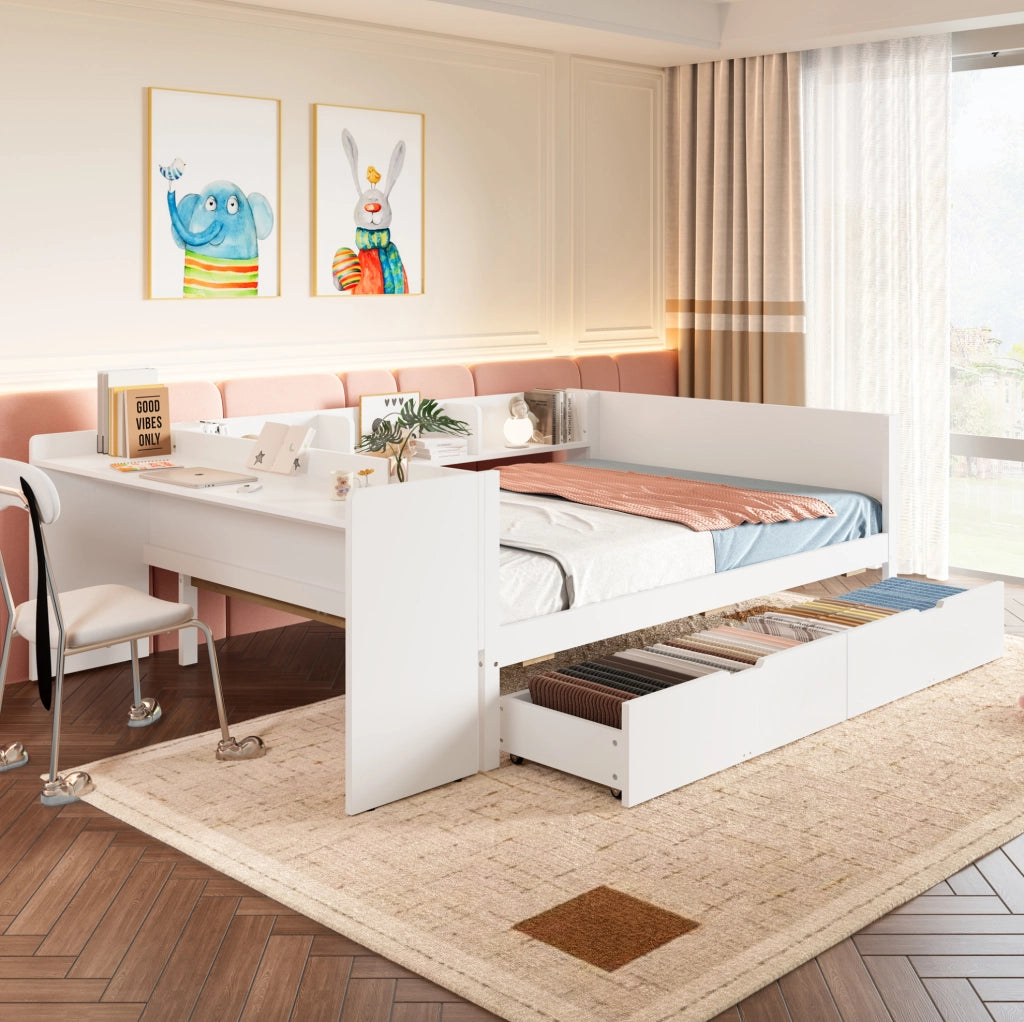 Letto multifunzione 140x200 cm con scrivania, ripiani e 2 cassetti