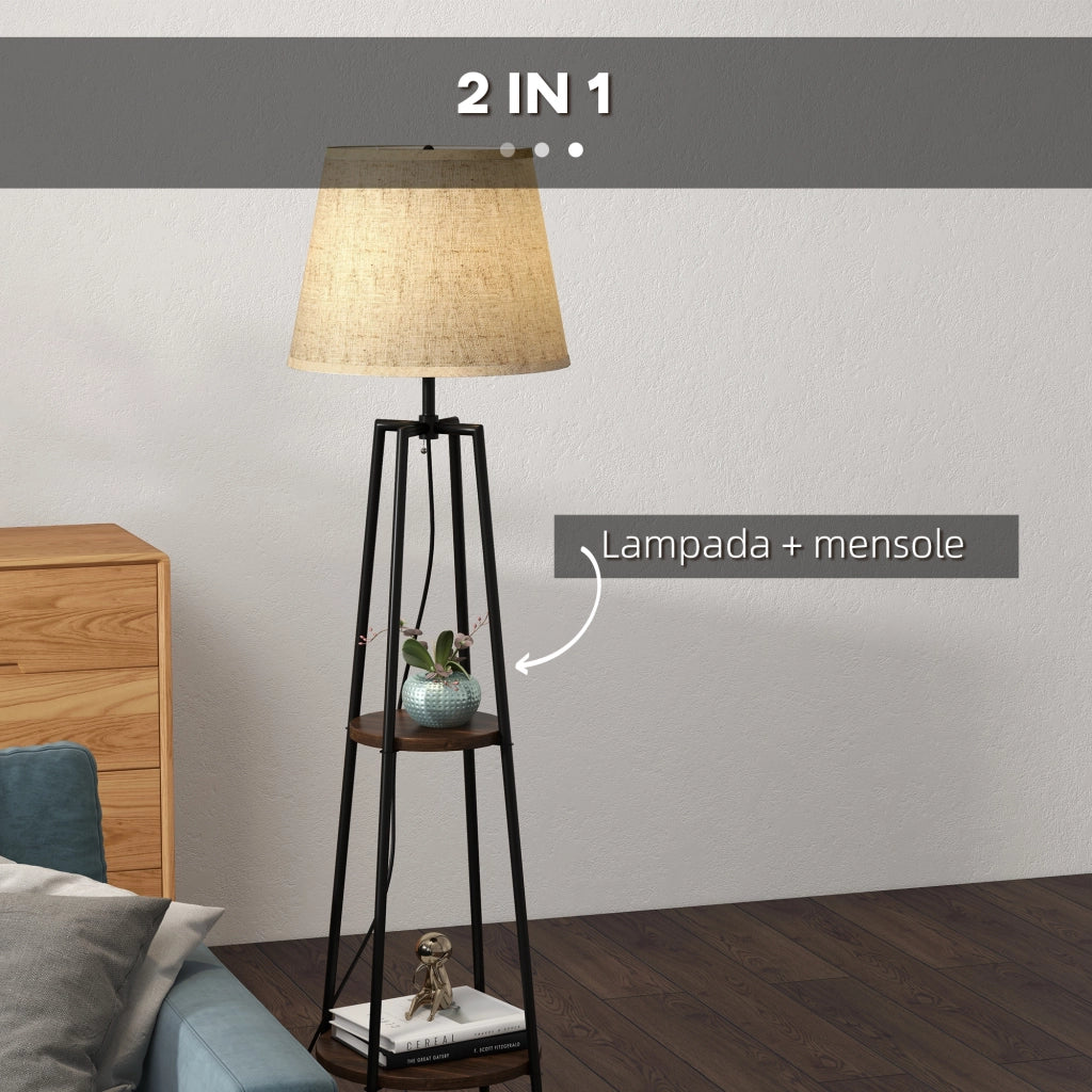 Lampada da Terra a 2 Ripiani ¨C Minimal ¨C Nero Marrone 42x166 cm