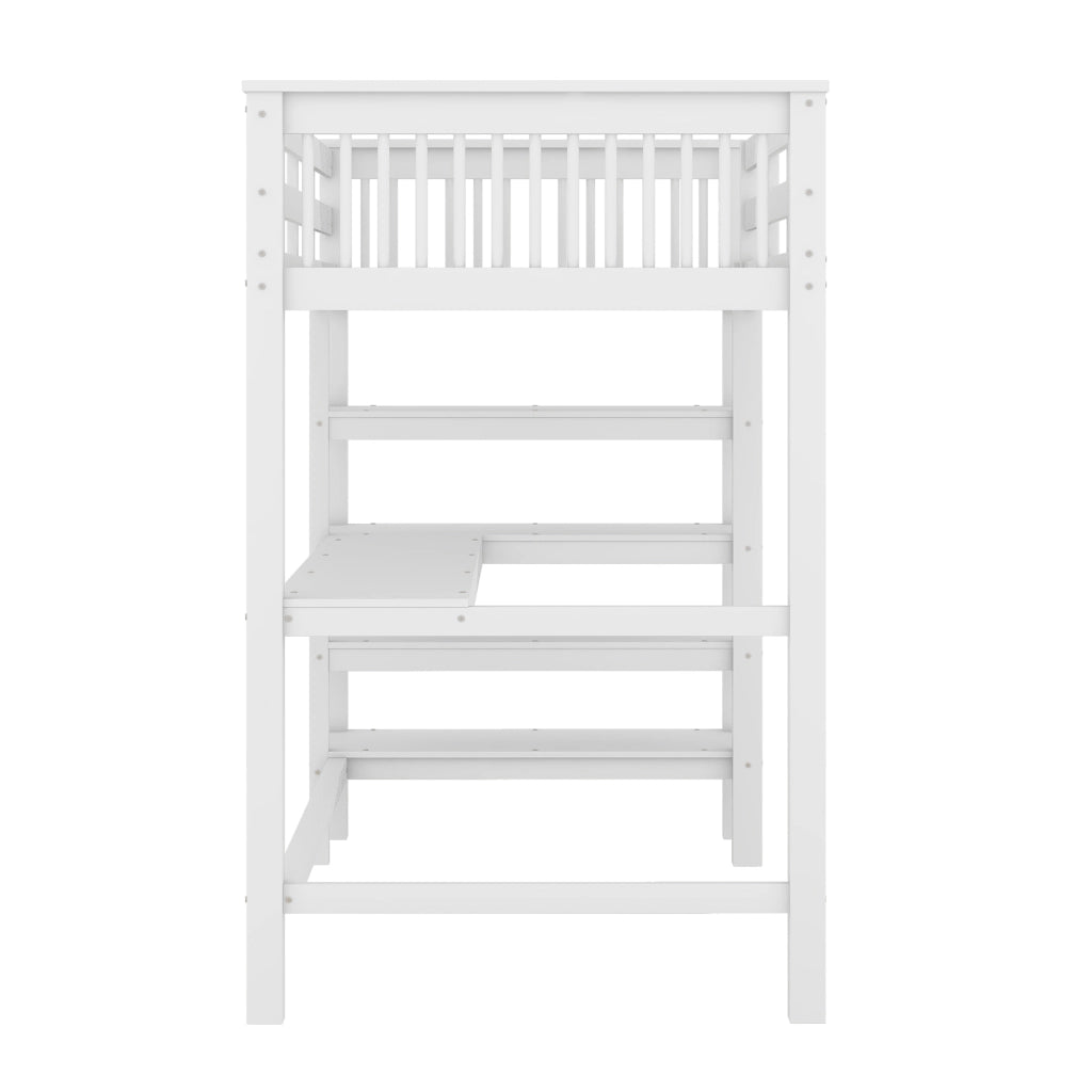 Letto a castello bianco in pino con scrivania sottostante e ripiani 90x200 cm