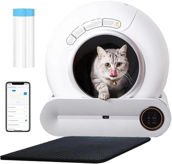Lavatrice Automatica per Gatti Elettrica con Sacco di Rifiuti e Panno Grande Capacità / Controllo App / Salute Intelligente / Allarme di Sicurezza / Adatta per Più Gatti