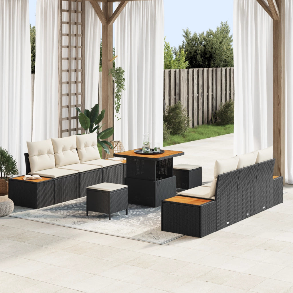 Set divani giardino  da 9 pezzi con cuscini in polyrattan nero e acacia