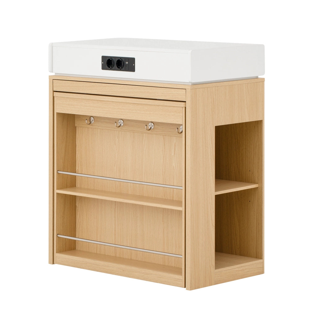 Tavolo allungabile 83x46~146.5x96 cm con piano pieghevole; ripiani e ante in vetro; naturale