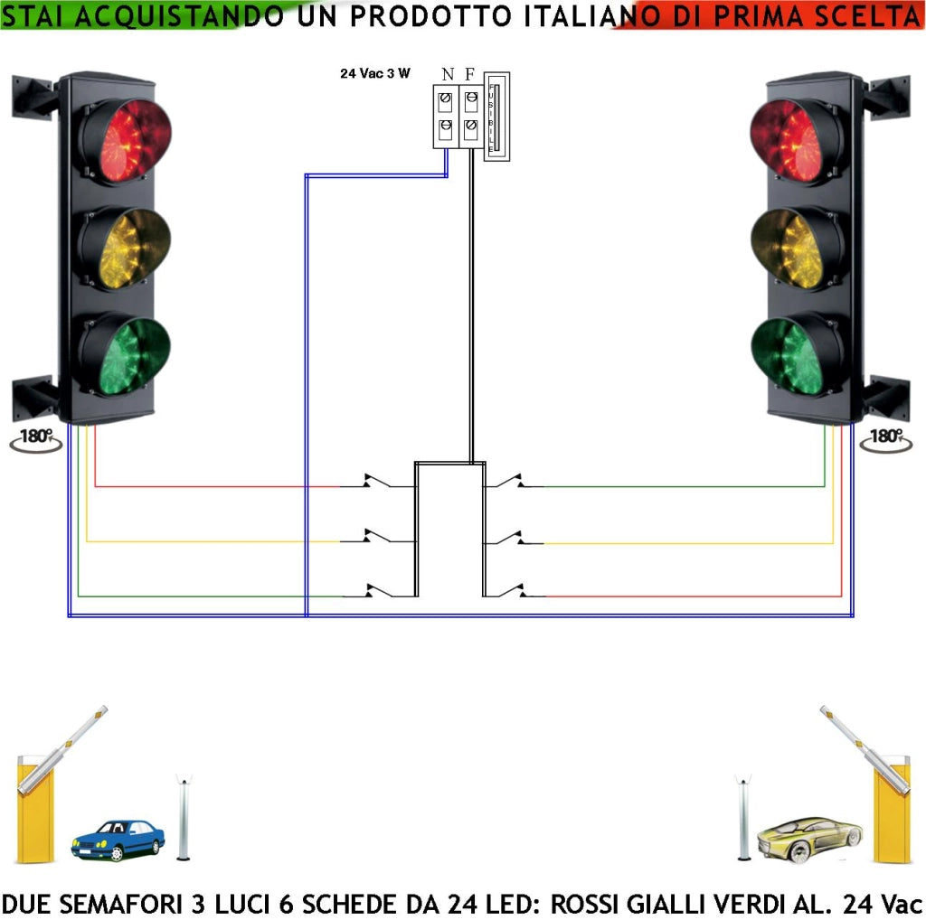 Semaforo 3 Luci Led 3 Schede da 24 Led Rossi 24 Led Gialli 24 Led Verdi Luce Puntiforme Aliment. 24 Vac 3 W Semaforo Vetro Ø 124 mm Orientabile 180 Gradi IP65 Funzioni Manuale Regola Veicoli in Garage